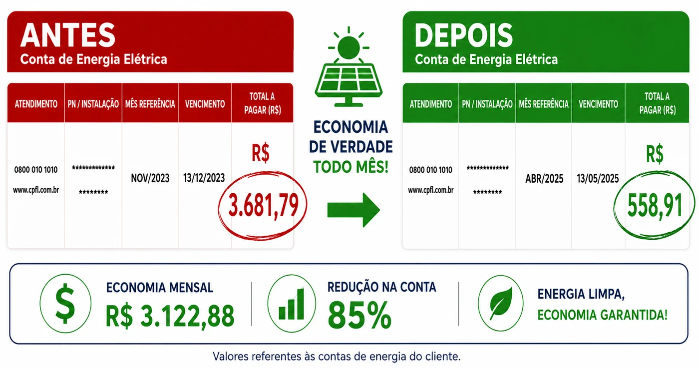 Antes e depois da conta de luz com energia solar - K2 Power
